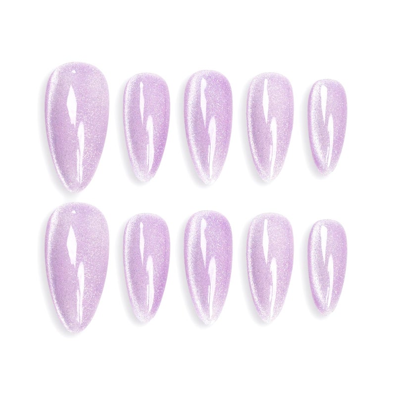 SunBeam Nails Handmade Presson Medium Long Almond Lavender Purple Cat Eye Design Charming False Nail Tips 10 Pcs 120 S